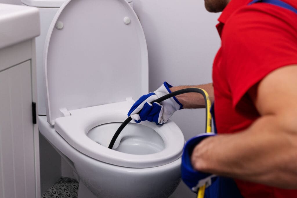 plumber unclogging blocked toilet with hydro jetting at home bathroom -- sewer cleaning service