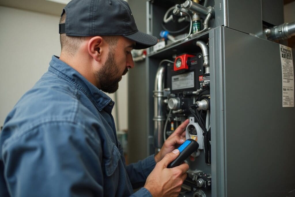 Technician inspecting a furnace for safety issues and carbon monoxide risk