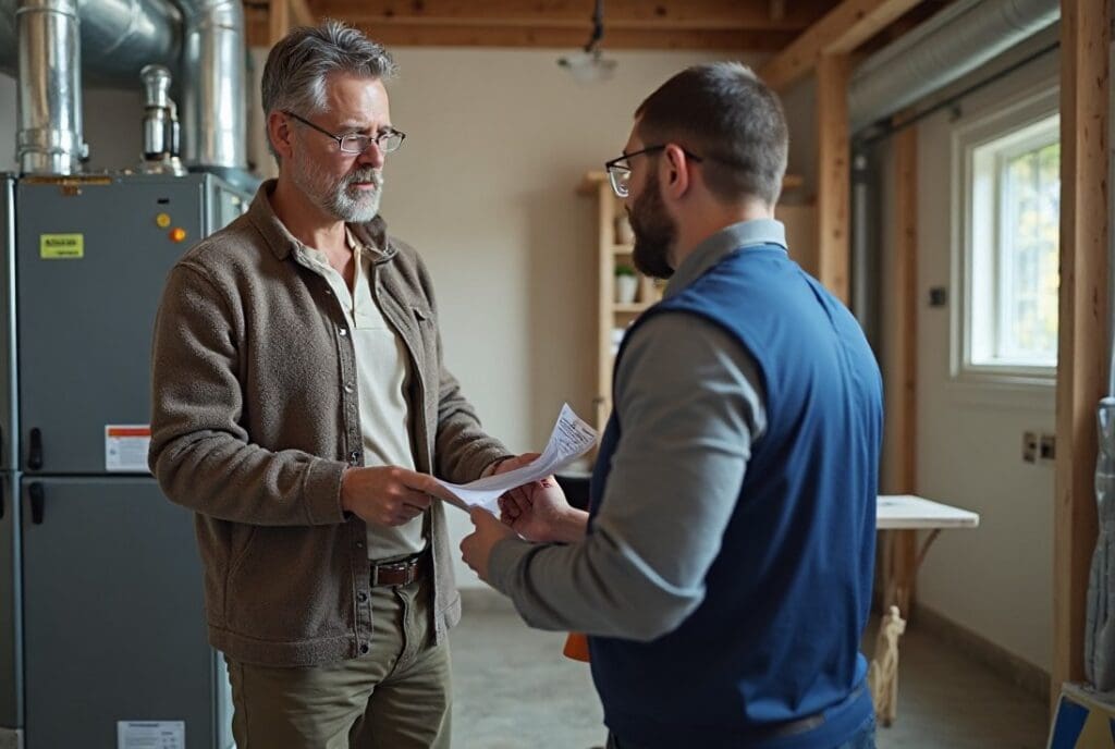 HVAC technician helping homeowner choose a new furnace replacement