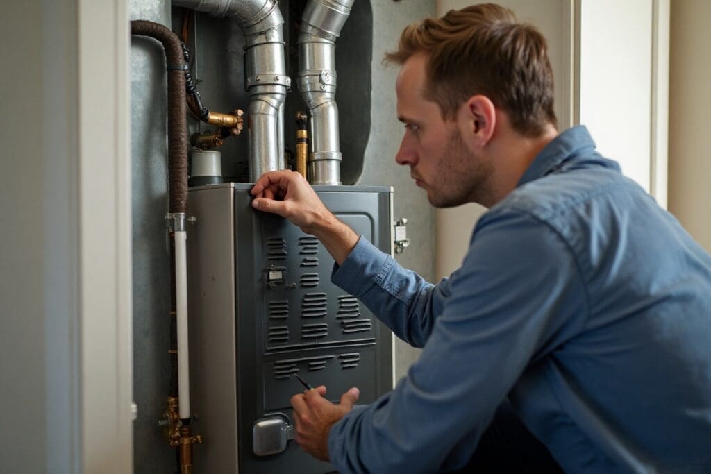 HVAC technician helping homeowner decide whether to repair or replace a furnace