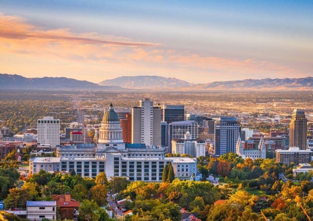 Salt Lake City, Utah, USA downtown city skyline at dawn.