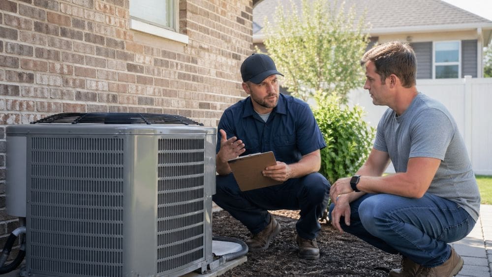AC maintenance in Lehi UT shown with a homeowner speaking to an HVAC technician beside an outdoor condenser unit. Western Heating, Air & Plumbing provides AC maintenance services in Lehi, Utah, helping homeowners keep cooling systems running efficiently. The technician reviews system condition using a clipboard and explains maintenance steps near the air conditioning unit. Homeowners in Utah County rely on Western Heating, Air & Plumbing for air conditioner maintenance, seasonal tune-ups, and reliable cooling performance. Call Western Heating, Air & Plumbing in Lehi UT for AC maintenance services and system inspections.