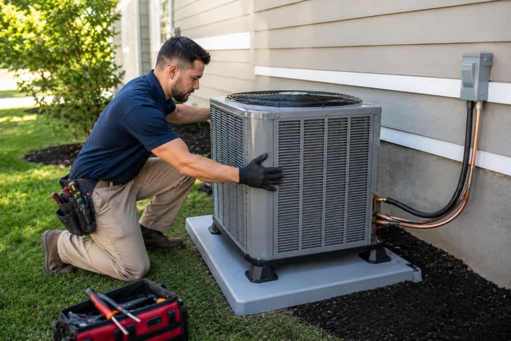 HVAC technician positioning a new outdoor air conditioning unit during AC installation in Orem, UT.