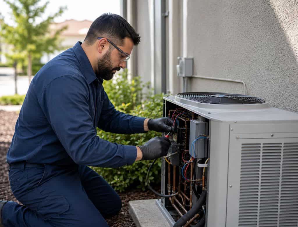 AC Maintenance in Orem UT - Western Heating, Air & Plumbing HVAC technician inspecting and servicing an outdoor air conditioning unit during AC maintenance in Orem, UT.